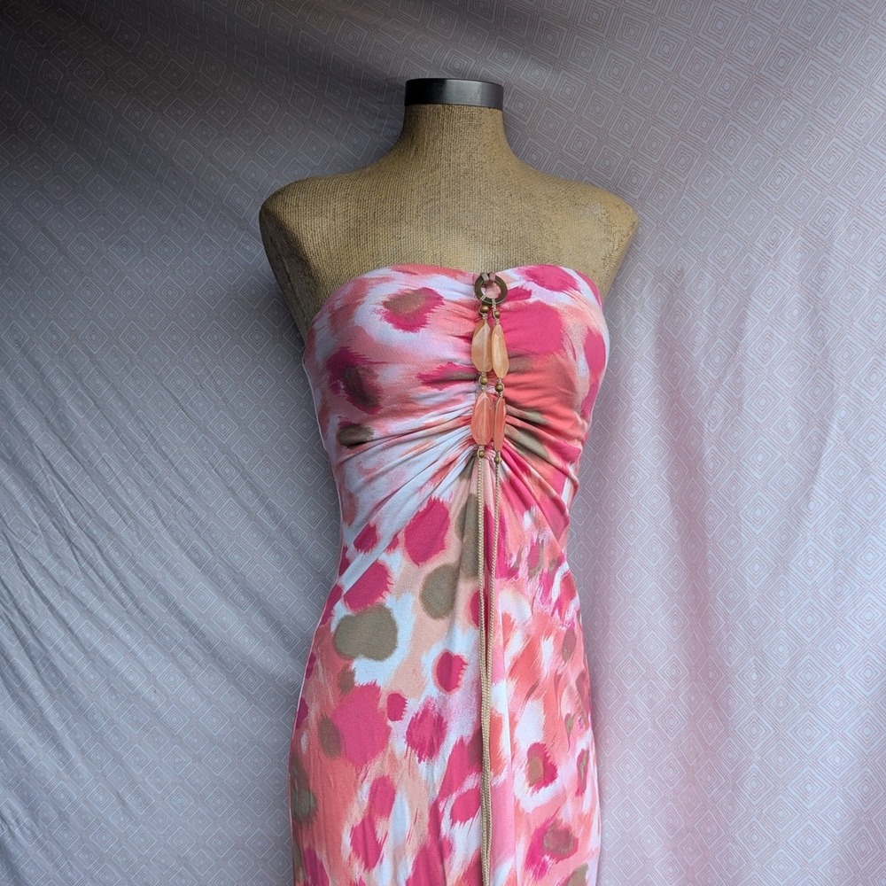 Tommy Bahama Maxi Dress Womens Small Pink Abstract Strapless Ruched Excellent